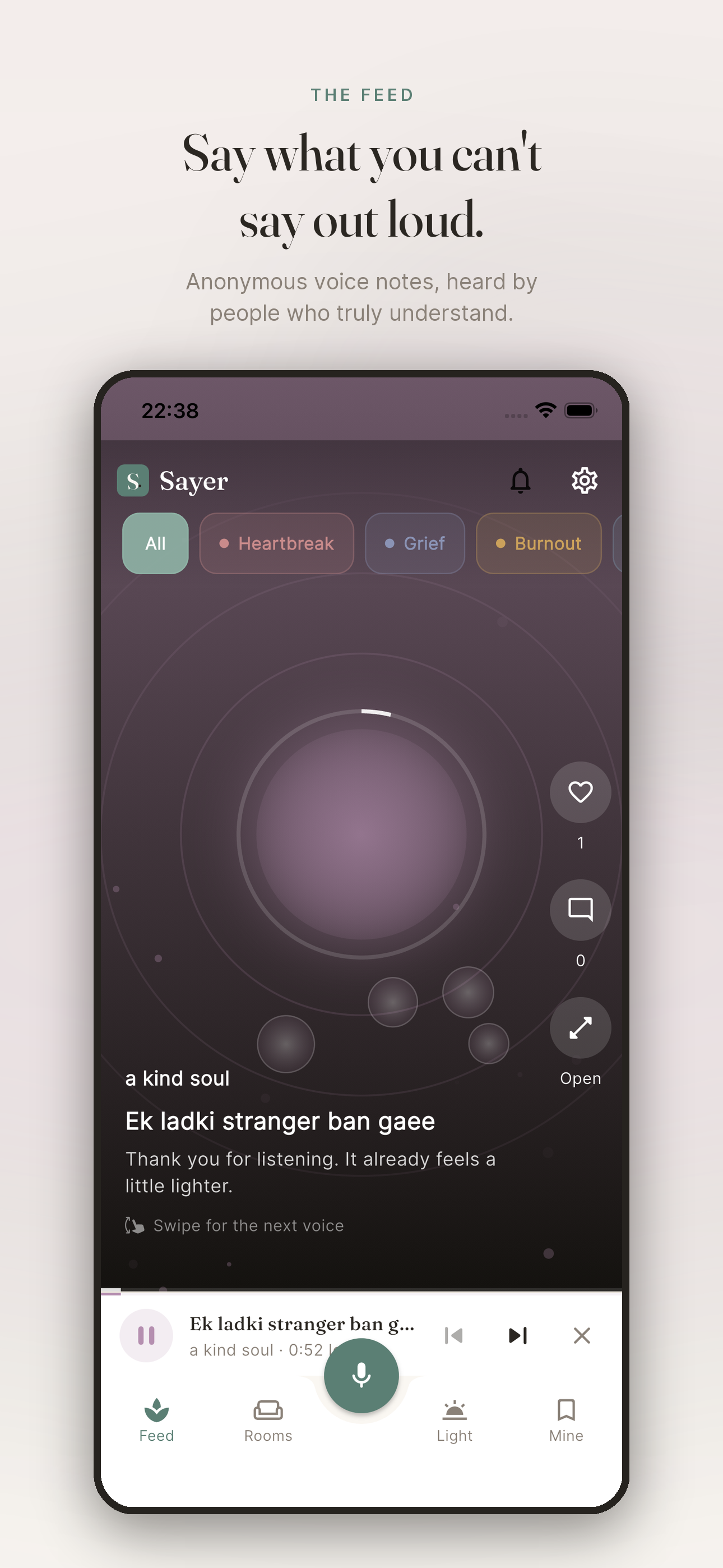 Sayer feed showing an anonymous voice note playing